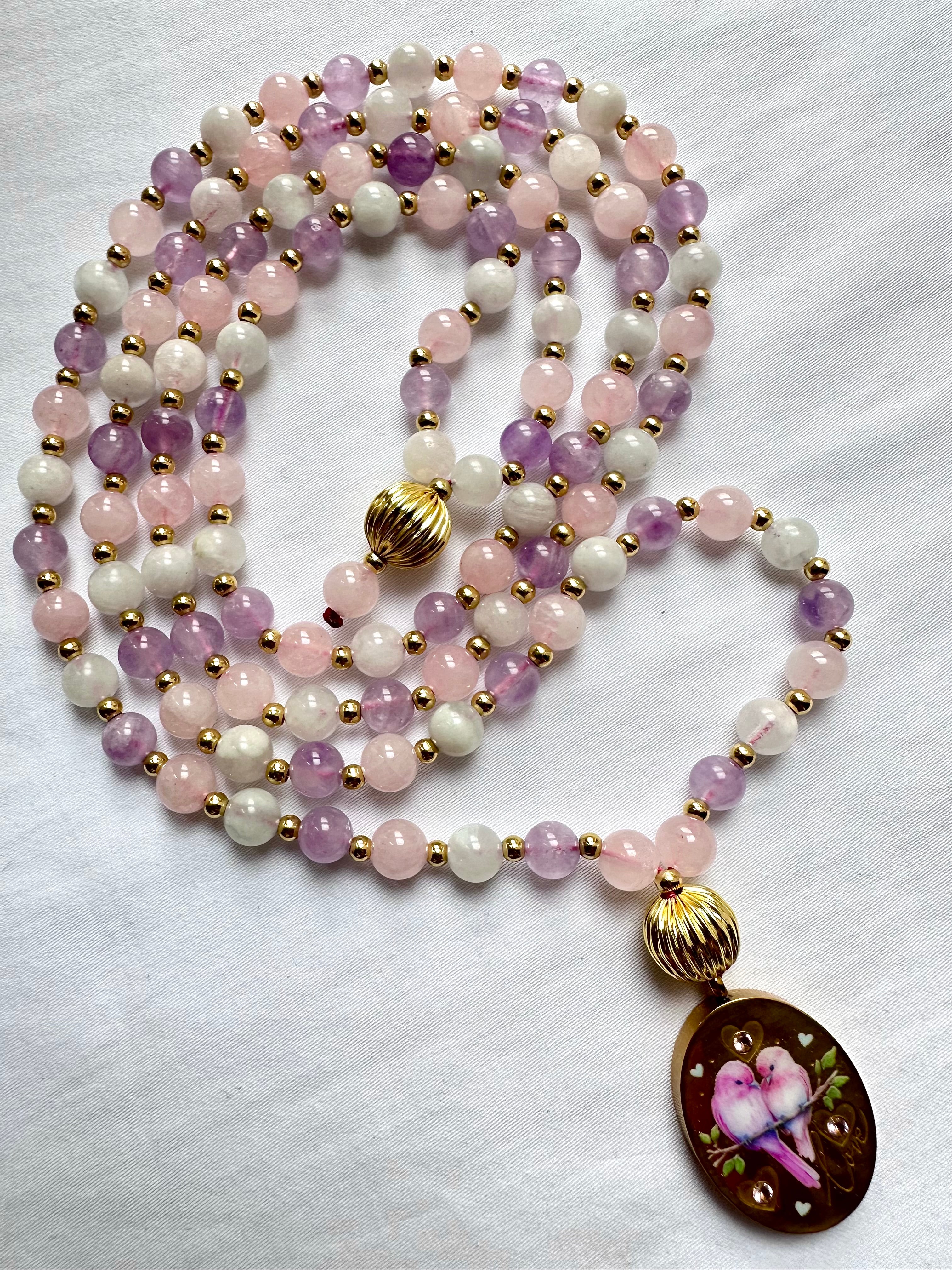 Mala les inséparable quartz rose, amethyste lavande et aigue marine Pièce unique