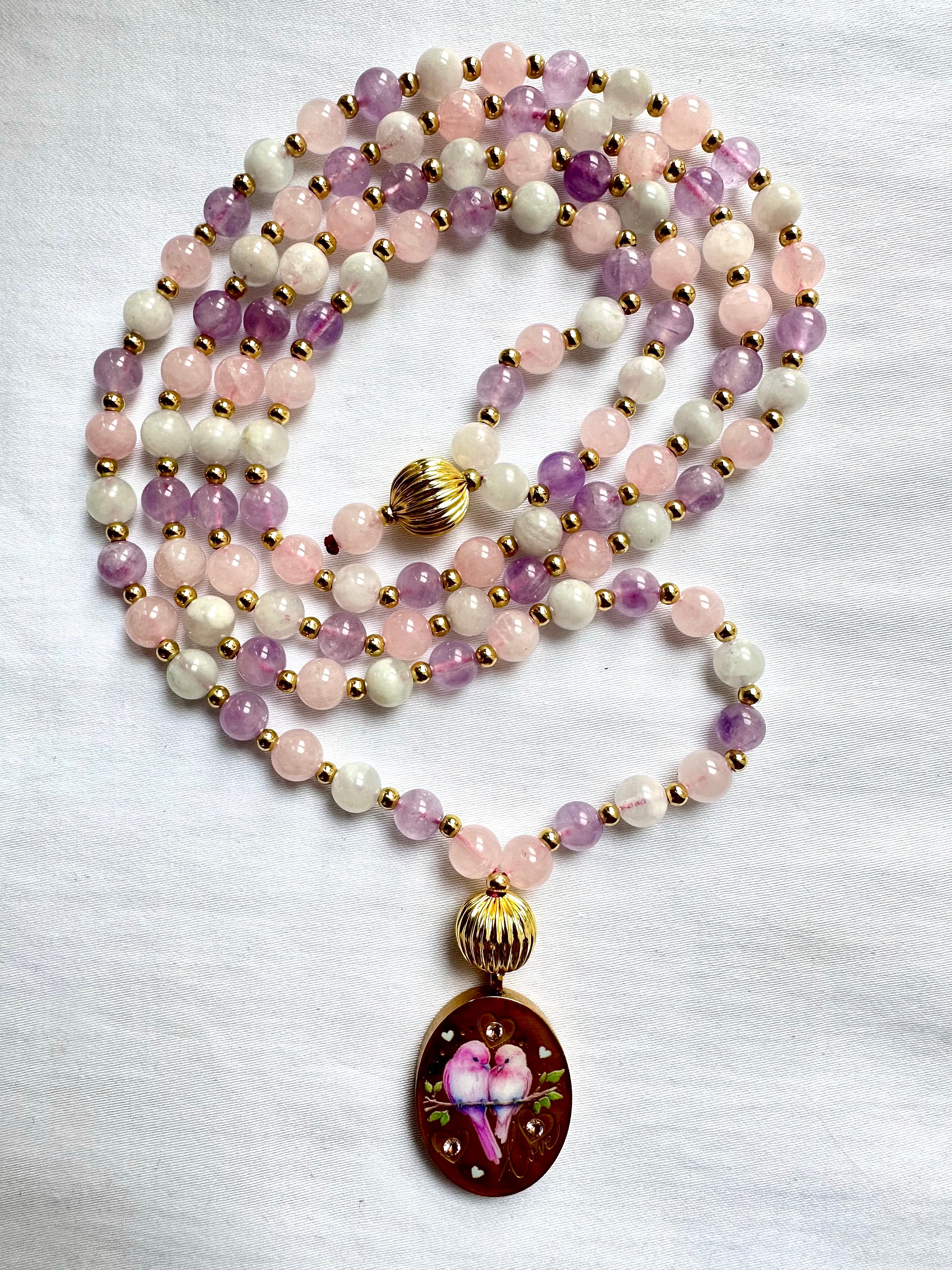 Mala les inséparable quartz rose, amethyste lavande et aigue marine Pièce unique